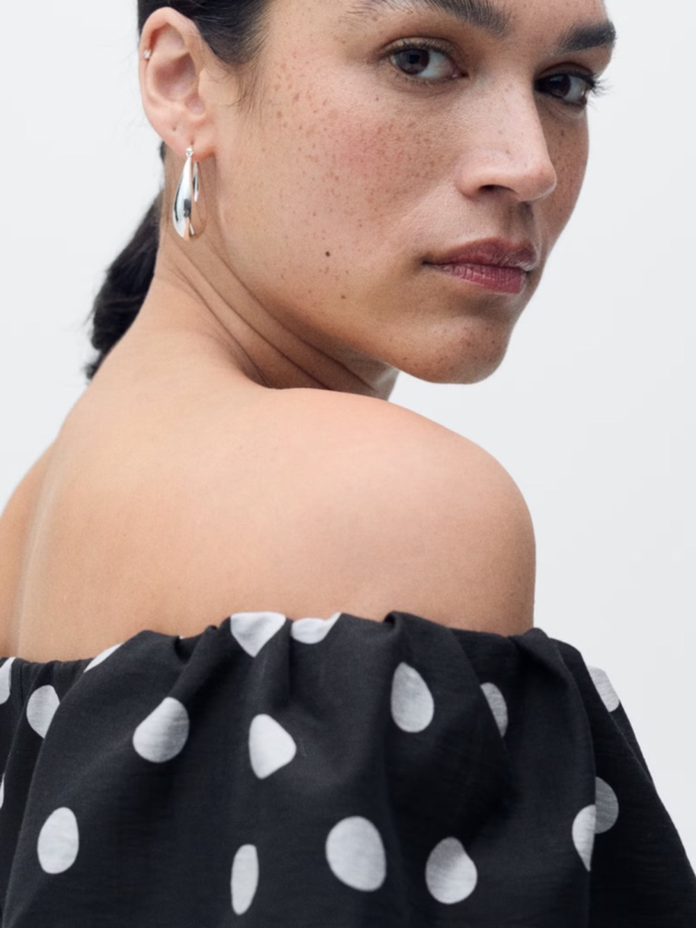 Mango Black Off-Shoulder Polka Dot Midi Dress - Picture 2 of 10